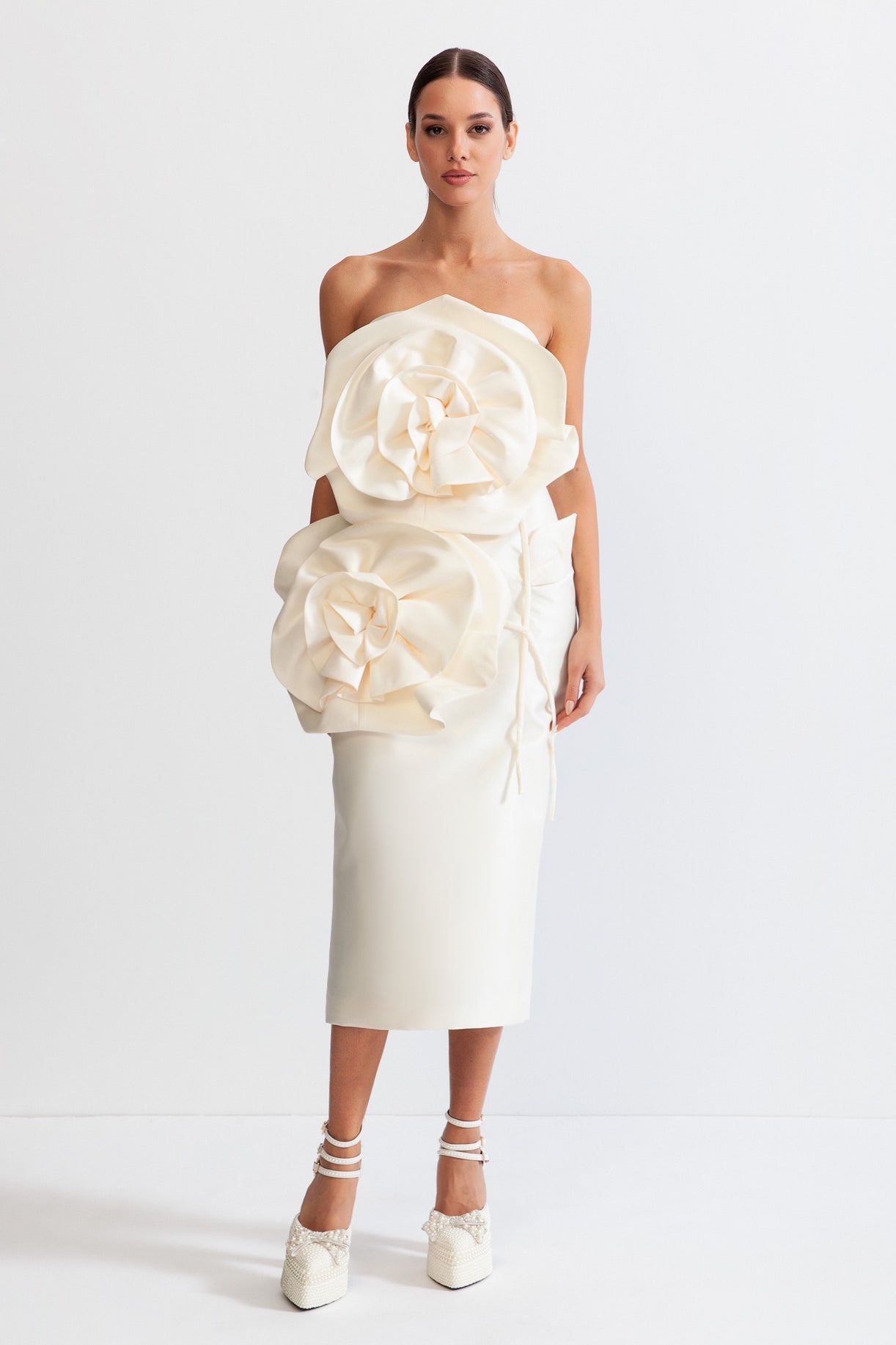 Flower Design Midi Dress - Ivory
